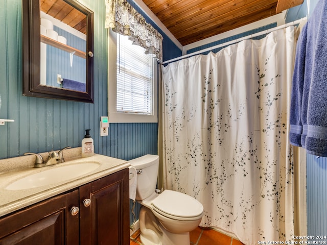 bathroom with wood ceiling, a shower with curtain, tile patterned floors, vanity, and toilet