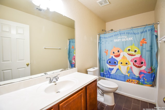 full bathroom with vanity, shower / bath combo with shower curtain, toilet, and hardwood / wood-style flooring