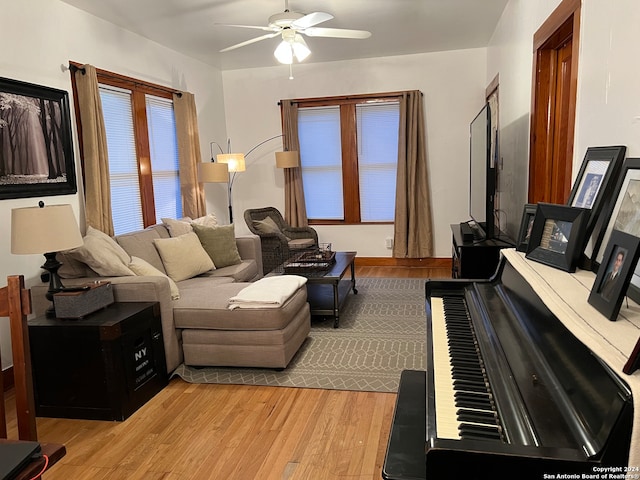 living room with ceiling fan and light hardwood / wood-style flooring