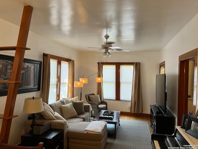 living room with ceiling fan and hardwood / wood-style flooring