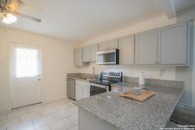 kitchen with ceiling fan, sink, kitchen peninsula, gray cabinets, and appliances with stainless steel finishes