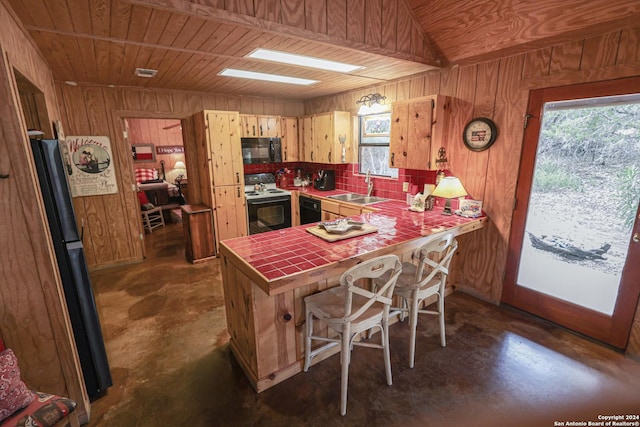 1177 River Rd, Concan, TX 78801 - kitchen with black appliances, tile countertops, a sink, wooden walls, and a peninsula
