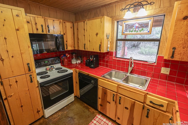 kitchen featuring black appliances, tasteful backsplash, sink, wooden ceiling, and tile counters