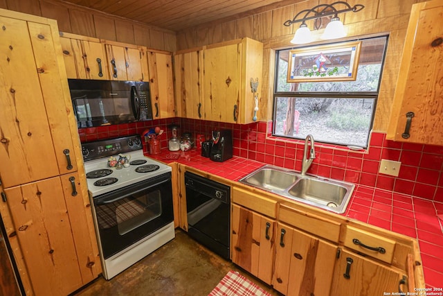1177 River Rd, Concan, TX 78801 - kitchen with black appliances, tile countertops, a sink, wooden ceiling, and wooden walls