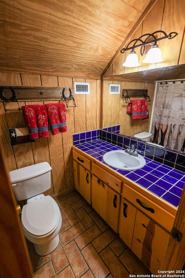 1177 River Rd, Concan, TX 78801 - bathroom with lofted ceiling, toilet, vanity, wood walls, and wood ceiling