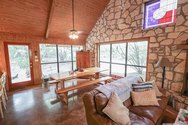 1177 River Rd, Concan, TX 78801 - living area featuring wood ceiling, ceiling fan, high vaulted ceiling, and concrete floors
