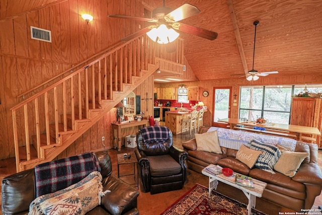 living room with ceiling fan, wood ceiling, wood walls, and vaulted ceiling