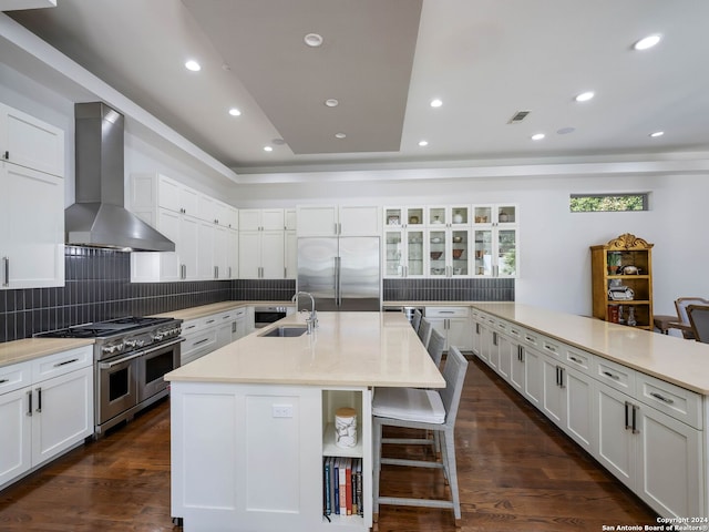 kitchen with sink, wall chimney exhaust hood, dark hardwood / wood-style floors, an island with sink, and high quality appliances