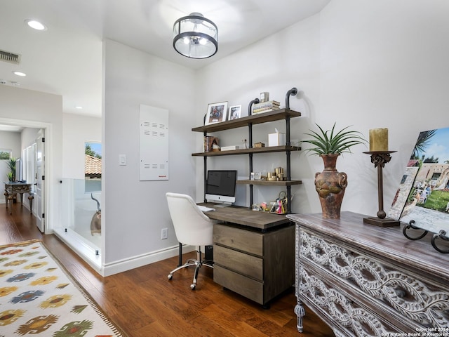 office area with dark hardwood / wood-style flooring