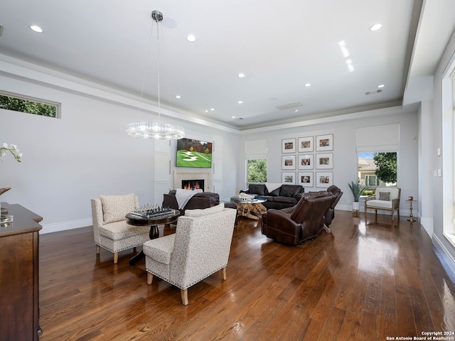 living room with dark hardwood / wood-style floors