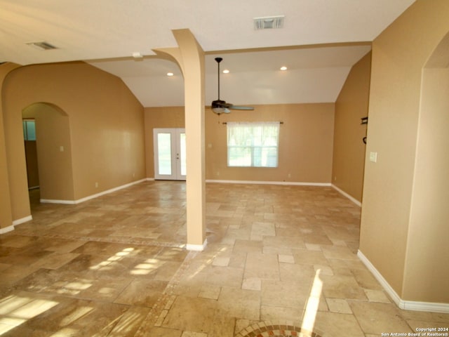 unfurnished room with vaulted ceiling and ceiling fan