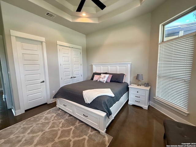 bedroom featuring ceiling fan, a raised ceiling, two closets, and dark hardwood / wood-style floors