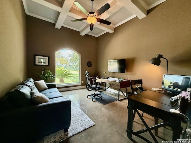 office area with ceiling fan, crown molding, beam ceiling, and coffered ceiling