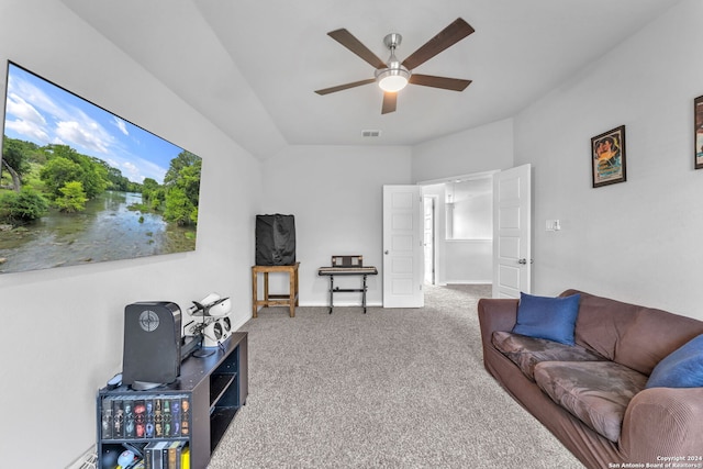 living room with carpet and ceiling fan