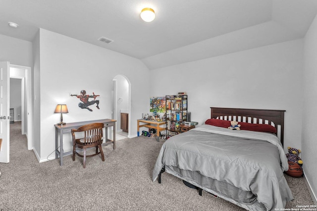 bedroom with carpet flooring and vaulted ceiling