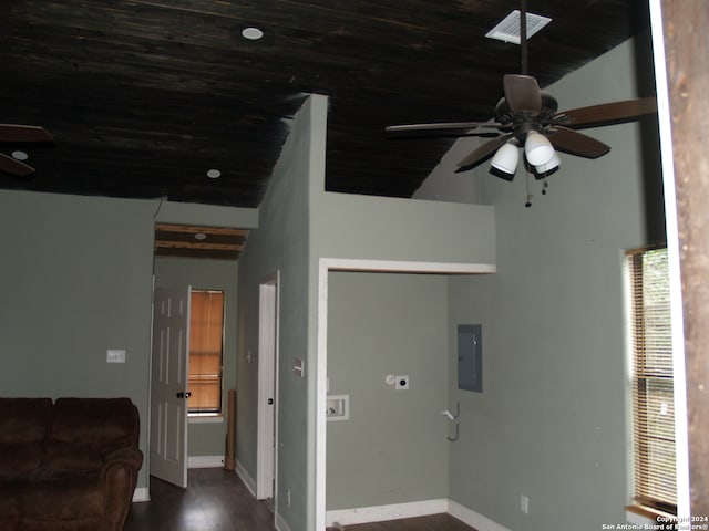 unfurnished living room with wood ceiling, vaulted ceiling, electric panel, ceiling fan, and dark hardwood / wood-style floors