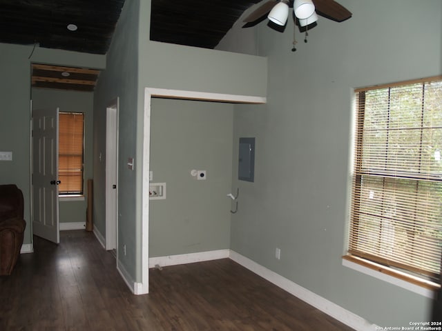 washroom featuring washer hookup, dark wood-type flooring, hookup for an electric dryer, ceiling fan, and electric panel