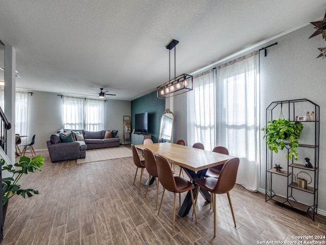 dining space featuring a textured ceiling, ceiling fan, and wood-type flooring