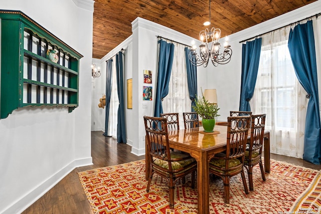 dining area featuring wood ceiling, a chandelier, dark hardwood / wood-style floors, and ornamental molding