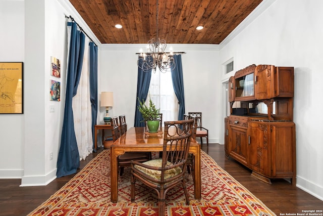 dining area with wooden ceiling, crown molding, dark hardwood / wood-style flooring, and a notable chandelier