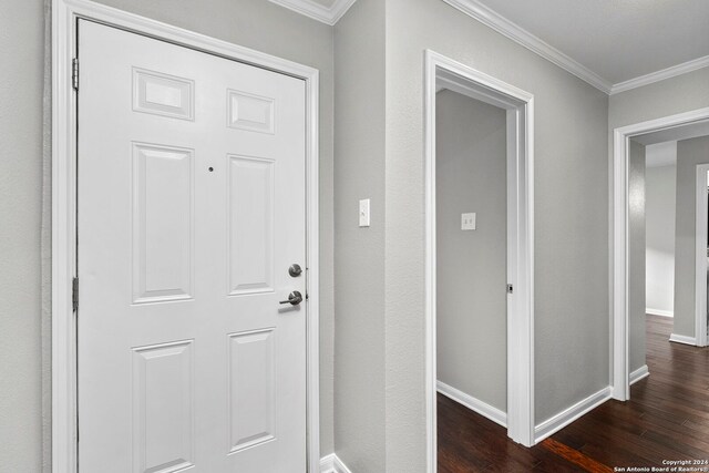 doorway featuring crown molding, dark wood-style floors, and baseboards