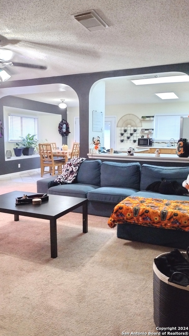 living room featuring carpet, ceiling fan, a skylight, and a textured ceiling