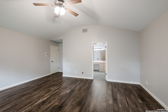 unfurnished room with lofted ceiling, ceiling fan, and dark hardwood / wood-style floors