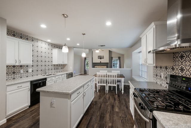 kitchen featuring white cabinets, wall chimney exhaust hood, dishwasher, dark hardwood / wood-style flooring, and gas range