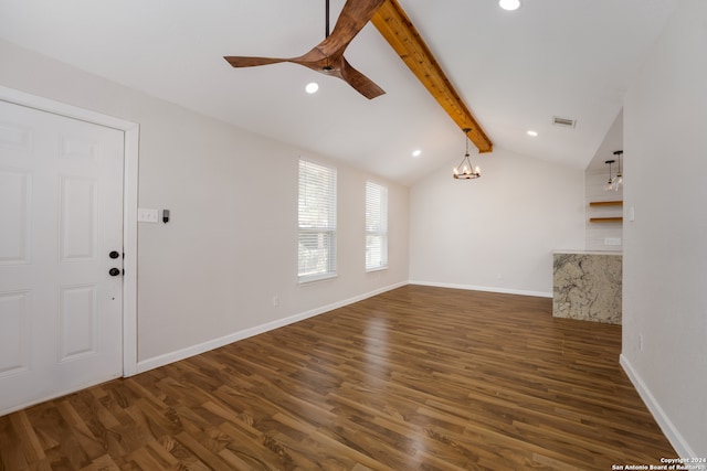 unfurnished living room with lofted ceiling with beams, ceiling fan, and dark hardwood / wood-style flooring