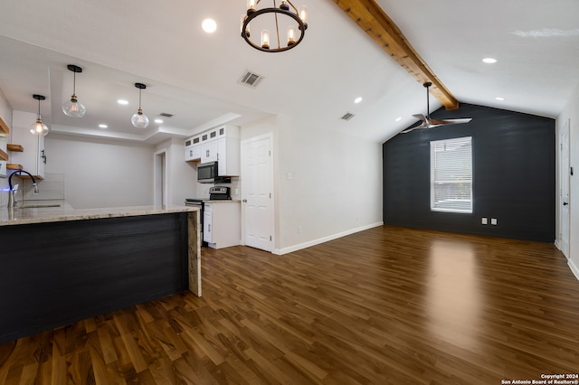 kitchen with lofted ceiling with beams, dark wood-type flooring, sink, white cabinets, and appliances with stainless steel finishes