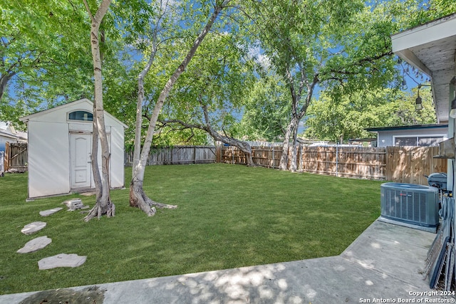 view of yard featuring central AC unit and a shed