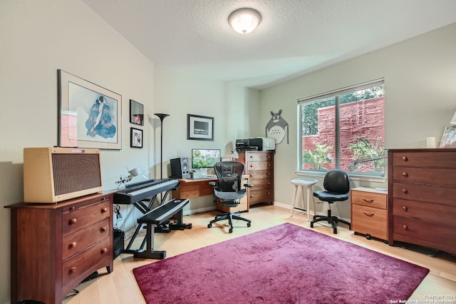 office featuring a textured ceiling and light hardwood / wood-style floors