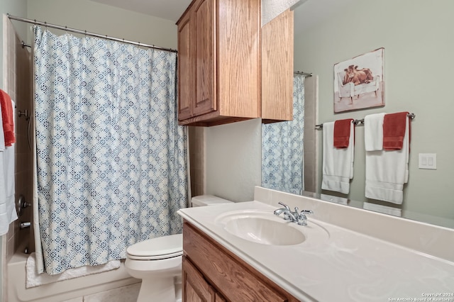 full bathroom with tile patterned flooring, vanity, toilet, and shower / bath combination with curtain