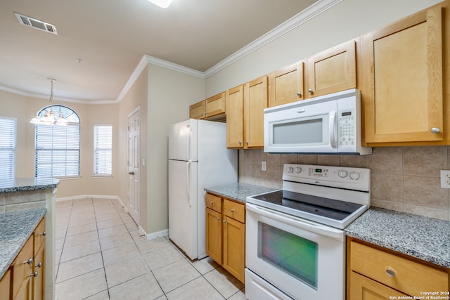 kitchen featuring a chandelier, tasteful backsplash, white appliances, light tile patterned floors, and ornamental molding