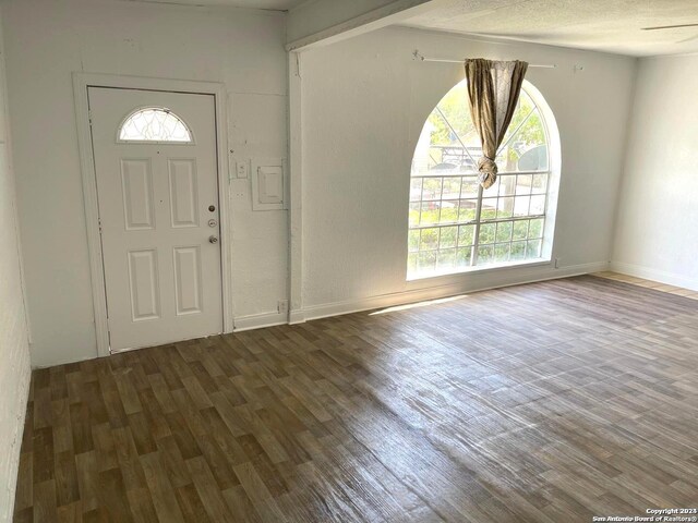 foyer entrance with a textured ceiling and dark hardwood / wood-style floors