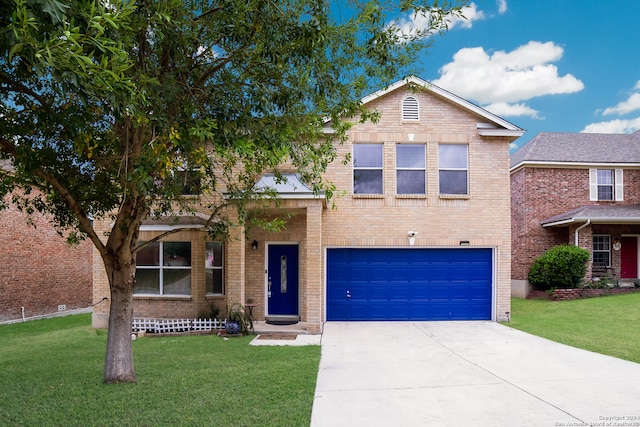 view of front of property with a front yard and a garage