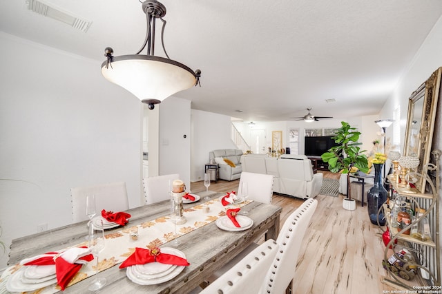 dining space with ceiling fan and light hardwood / wood-style flooring