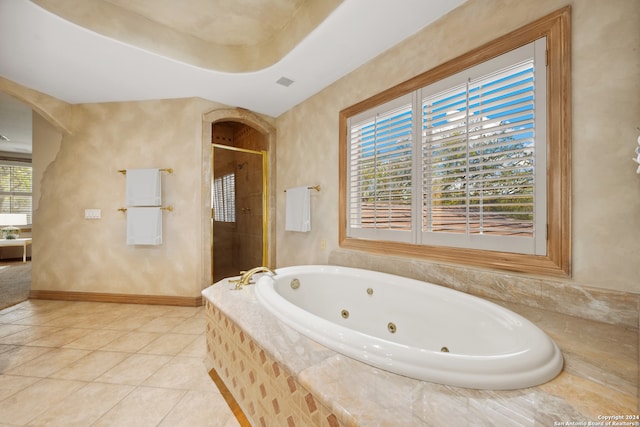 bathroom with a healthy amount of sunlight, tile patterned flooring, a tray ceiling, and separate shower and tub