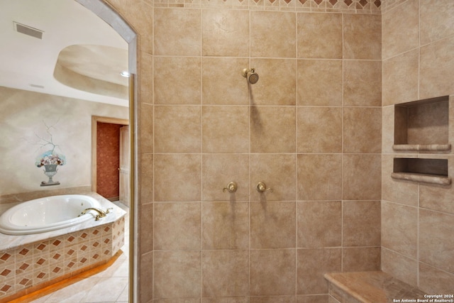 bathroom with plus walk in shower and tile patterned floors