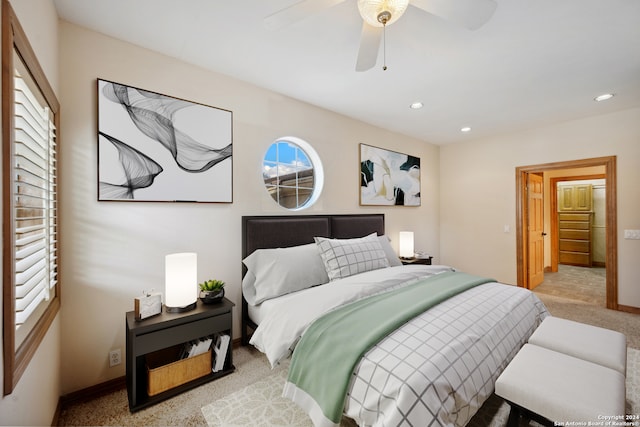 carpeted bedroom featuring ceiling fan