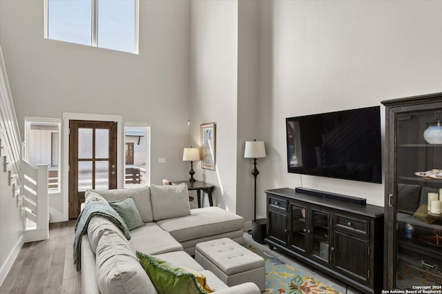 living room featuring wood-type flooring, a high ceiling, and plenty of natural light