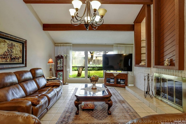 tiled living room with brick wall, vaulted ceiling with beams, a fireplace, and a chandelier