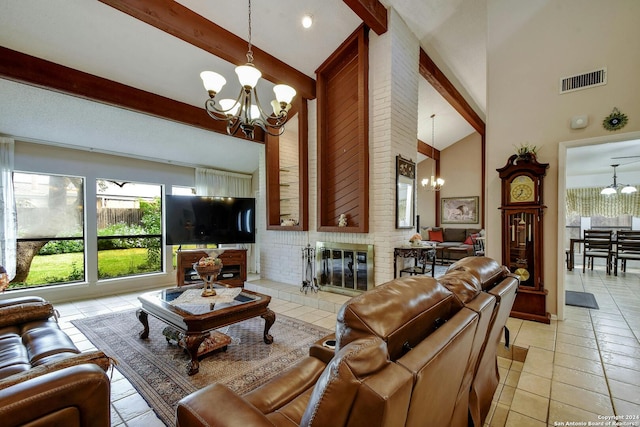 living room with high vaulted ceiling, beam ceiling, light tile patterned floors, and a notable chandelier