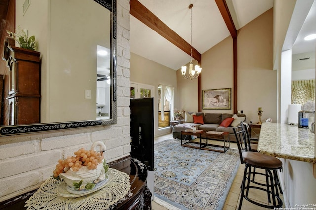 living room with a chandelier, beam ceiling, high vaulted ceiling, and plenty of natural light