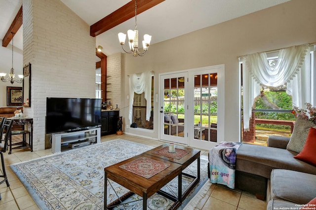 living room featuring a chandelier, beamed ceiling, and light tile patterned flooring