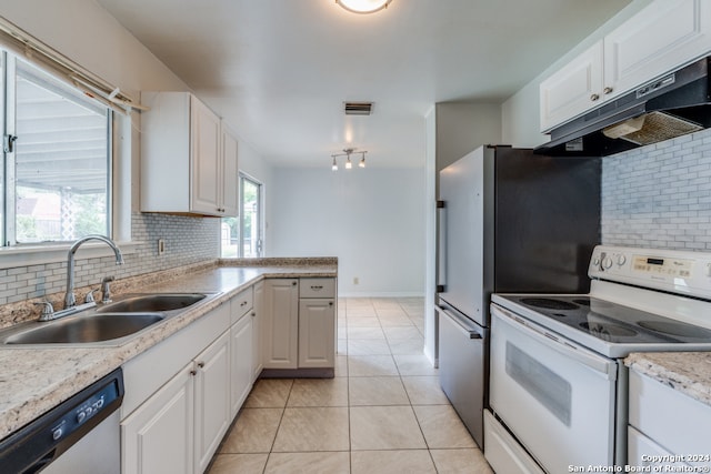 kitchen featuring stainless steel dishwasher, white cabinets, white electric range oven, and sink