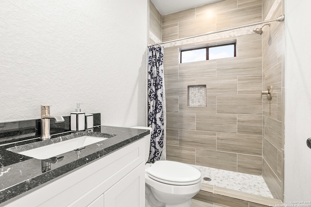 bathroom featuring vanity, toilet, hardwood / wood-style flooring, and a shower with shower curtain