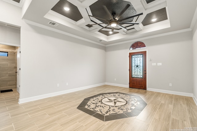 entryway with coffered ceiling, ornamental molding, and ceiling fan