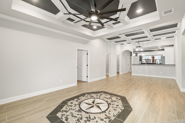 living room with light wood-type flooring, ceiling fan, coffered ceiling, and crown molding