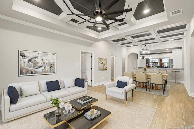 living room featuring crown molding, coffered ceiling, beam ceiling, and ceiling fan